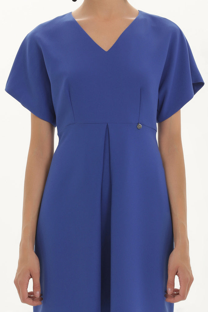 Sax V-neck Pleated skirt mini dress 91417