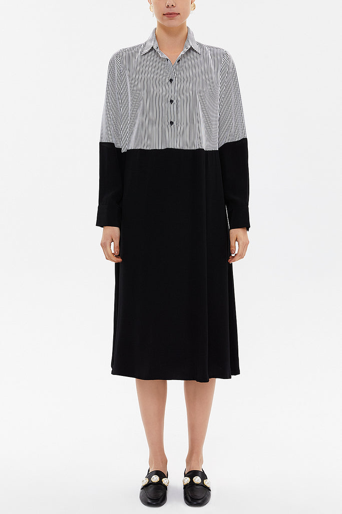 Black Striped fabric wide cut midi dress 92834