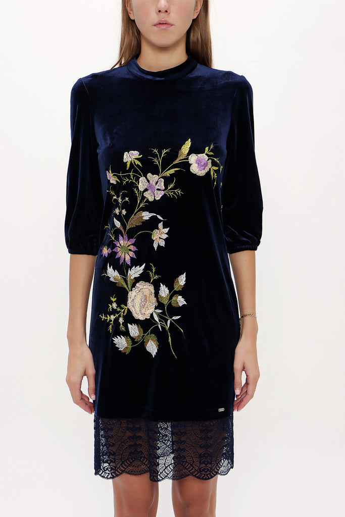 Navy Blue Embroidered velvet mini dress 92140