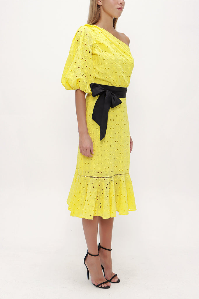 Yellow One shoulder balloon sleeve midi dress 93073