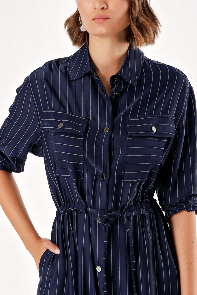 Navy Blue White Striped Lace up shirt  dress  93709