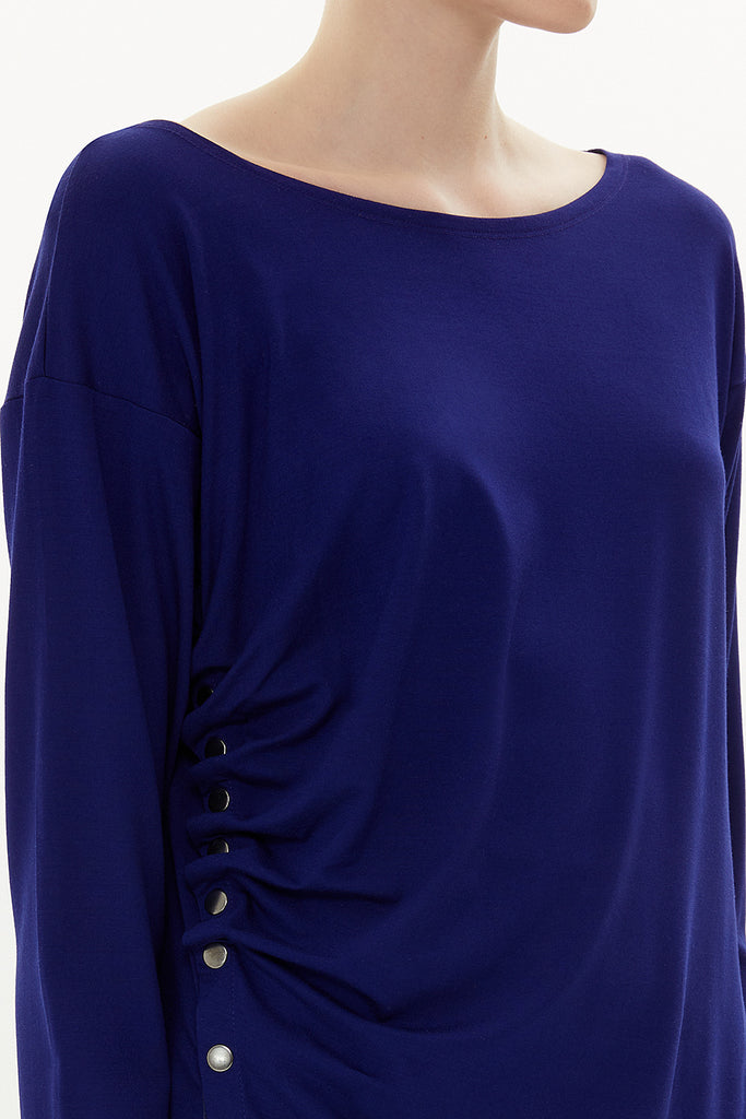 Navy Blue Asymmetric snap fastener detail blouse 19818