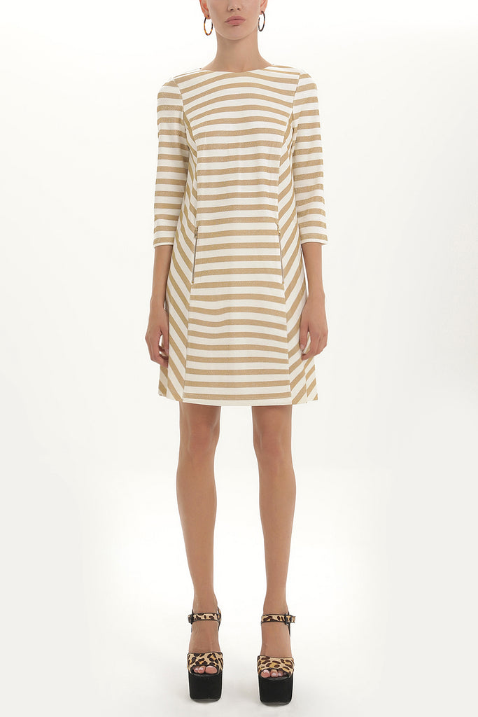 Ecru Zipped, striped knit mini dress 91450