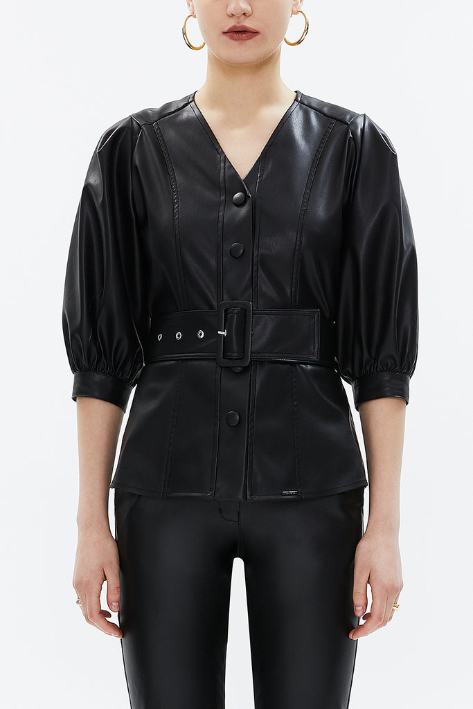 Black Snap-fastener detail and belted blouse 19809