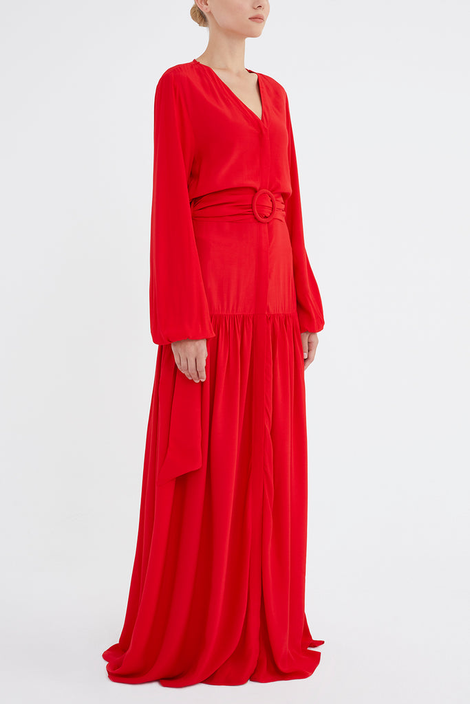 V Yaka Uzun Kemerli Uzun Elbise 92886