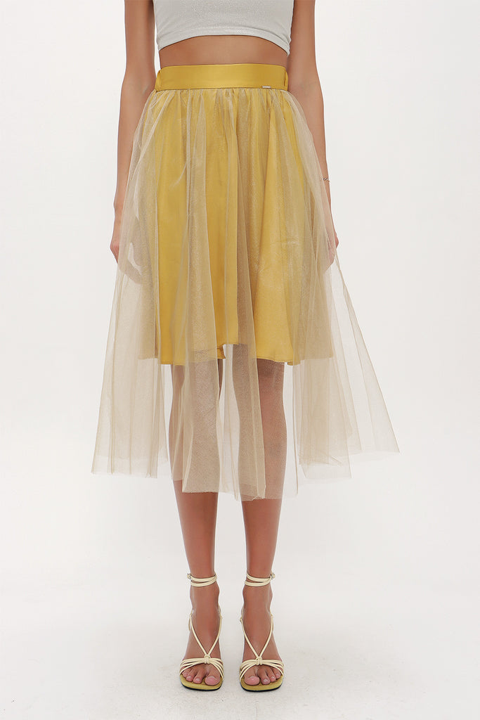 Beige Elastic waist tulle skirt 81075