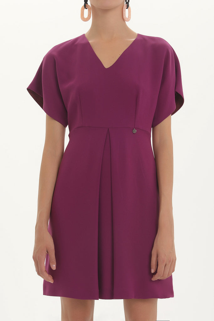 Purple V-neck Pleated skirt mini dress 91417