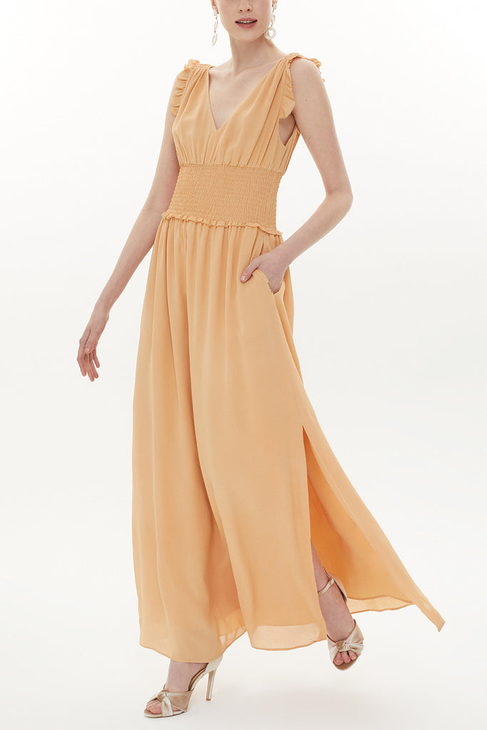 Camel Hair Elastic waist V neck sleeveless maxi dress 93348