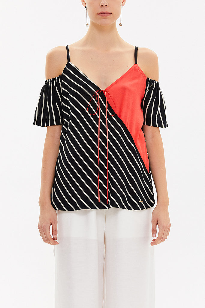 Black White Wrap-over  strappy  blouse  19689