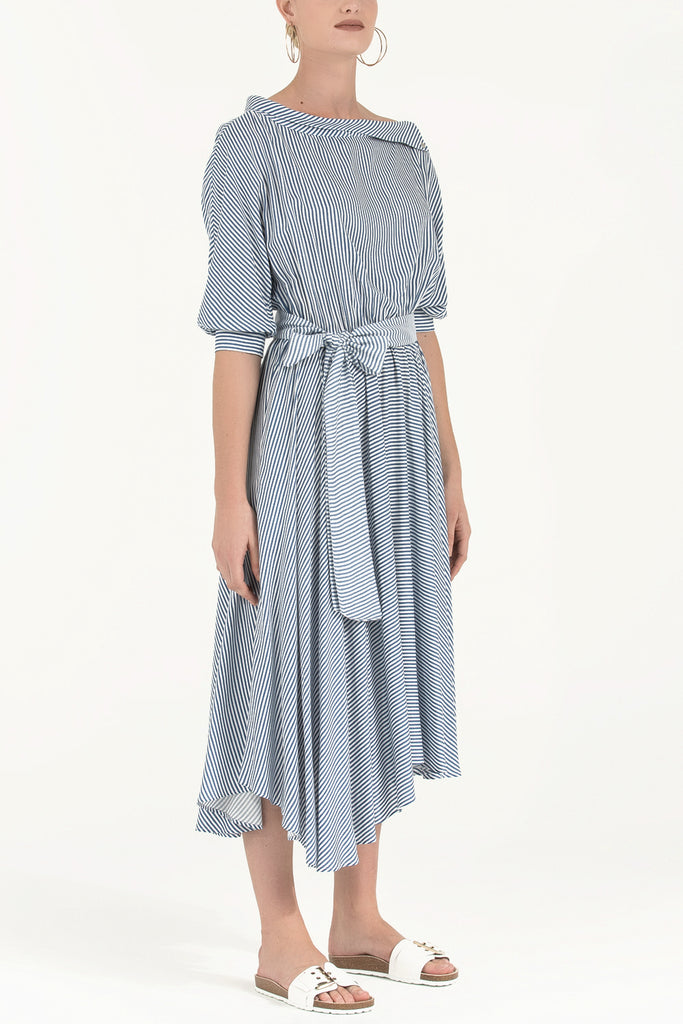 Asimetrik Kesim Düşük Omuz Desenli Elbise Lacivert 92271