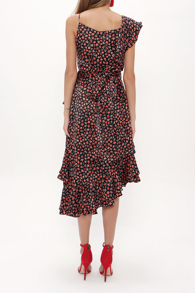 Black Ruffle detail Printed midi dress 92774