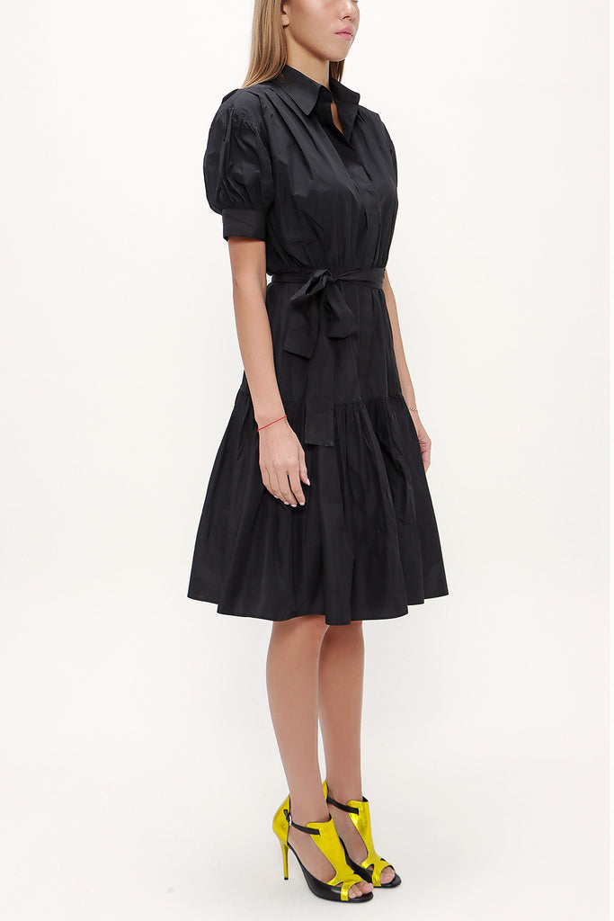 Black Balloon sleeve, gathered midi dress 92724