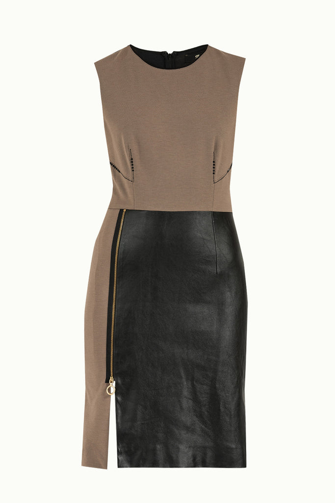 Deri Garnili Örme Elbise Bej 90988