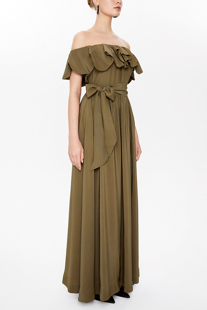 Khaki Front ruffled off shoulder maxi dress 93005