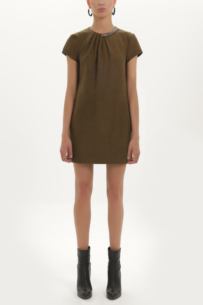 Black Mustard Wool mini dress with chain on the neck 91416