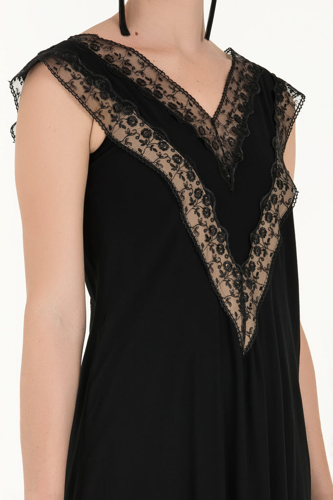 V Yaka Datelli Uzun Elbise Siyah 92254