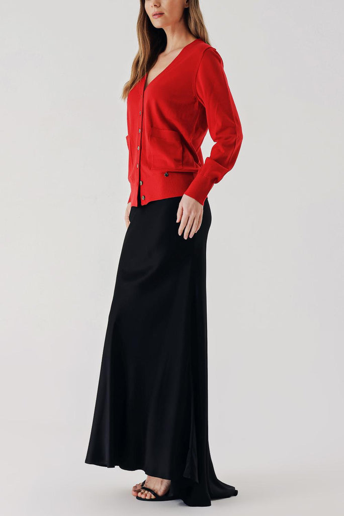 Red V-neck woolen long knit cardigan 28867