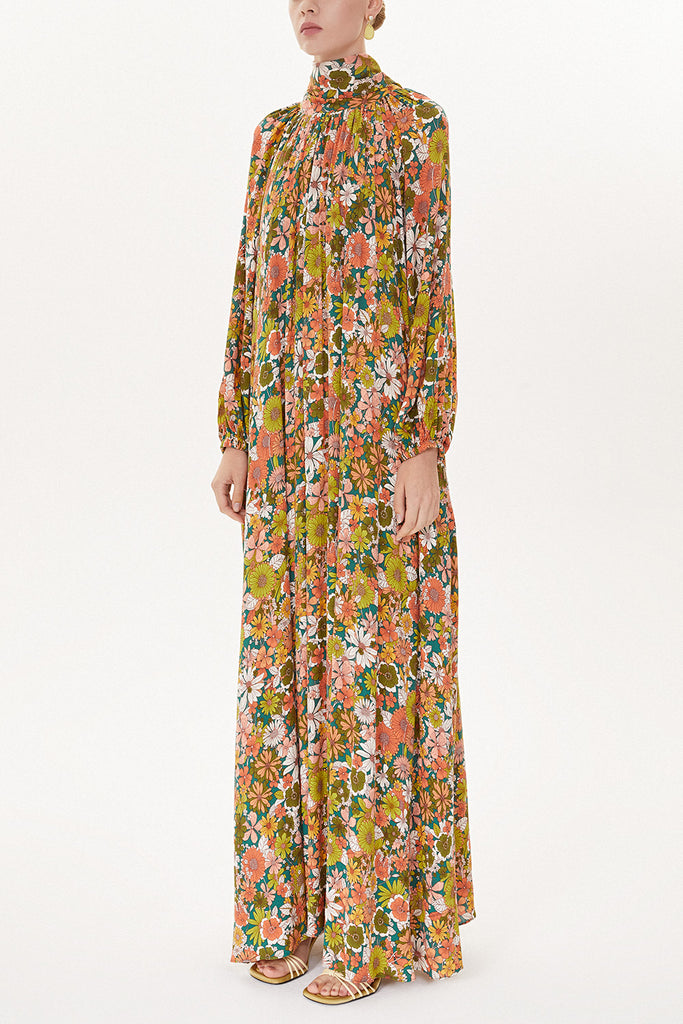 Floral Printed Lace-up collar wide cut dress 93491