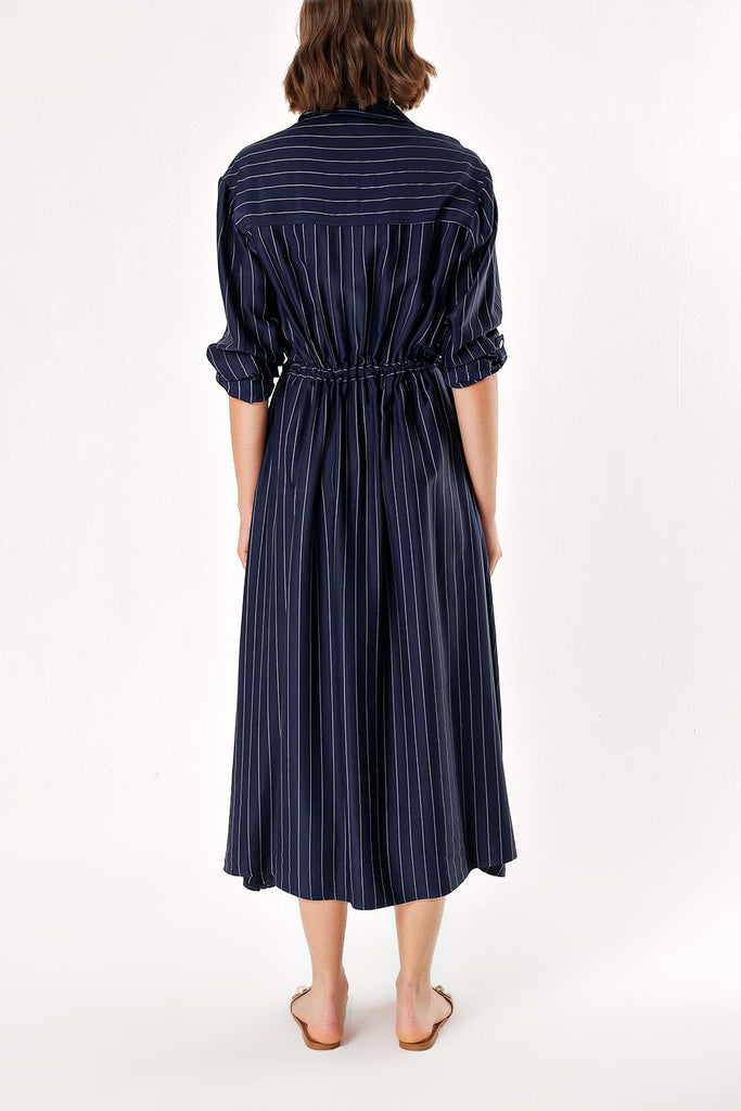 Navy Blue White Striped Lace up shirt  dress  93709