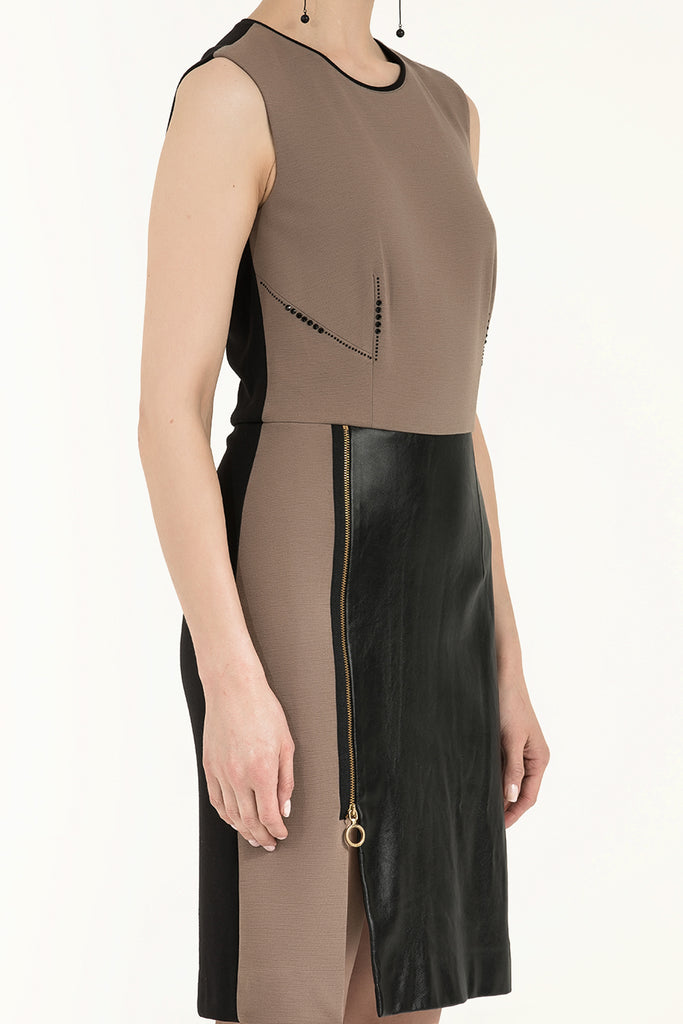 Deri Garnili Örme Elbise Bej 90988