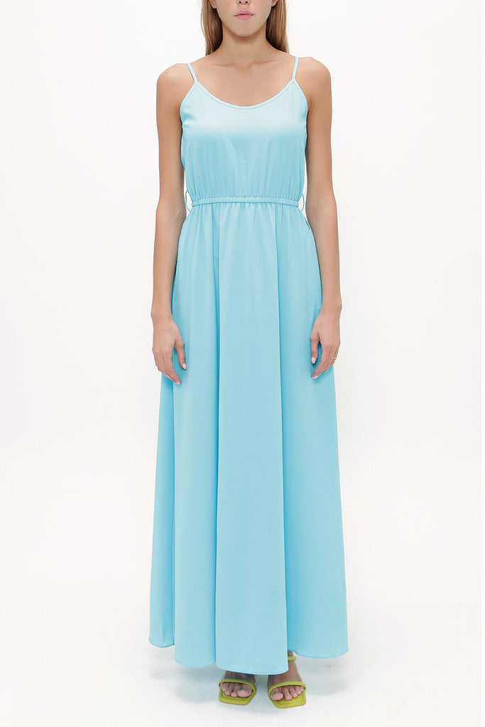 Turquoise Lace-up spaghetti straps maxi dress 92378