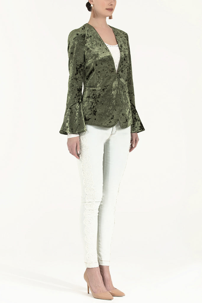 Kolları Valonlu Kadife Ceket Yeşil 61043