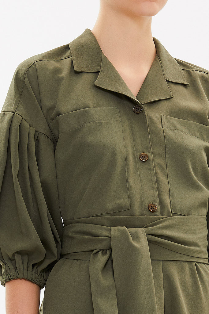 Khaki Balloon sleeve    wide cut blouse  19761