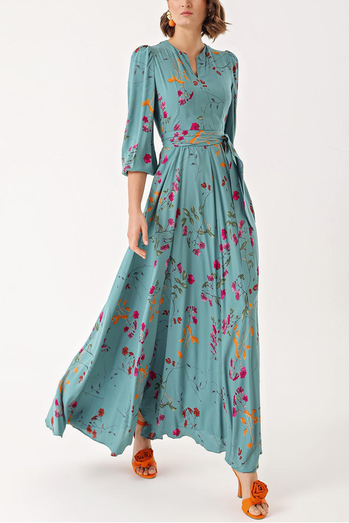 Floral Printed Long dress with godel and belt 94408