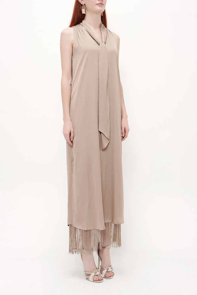 Camel Hair Sleeveless slit maxi dress with tassels 92698