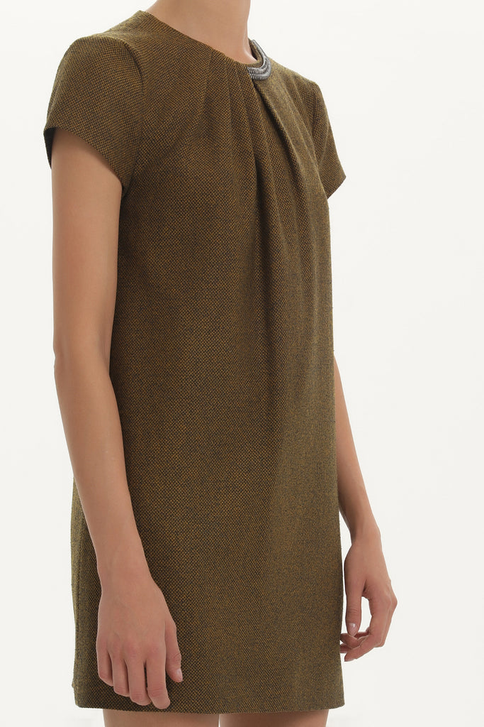 Black Mustard Wool mini dress with chain on the neck 91416