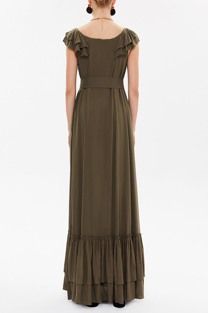 Khaki Ruffled shoulder maxi dress 92390