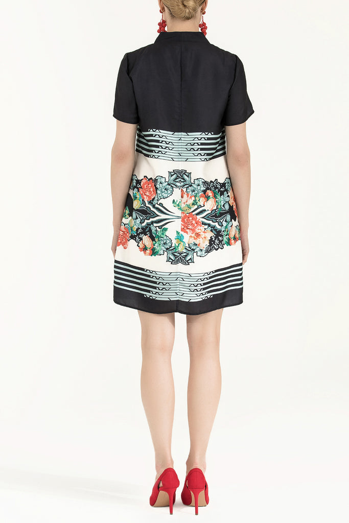 Kadın Desenli Degaje Yaka Elbise Siyah 91541