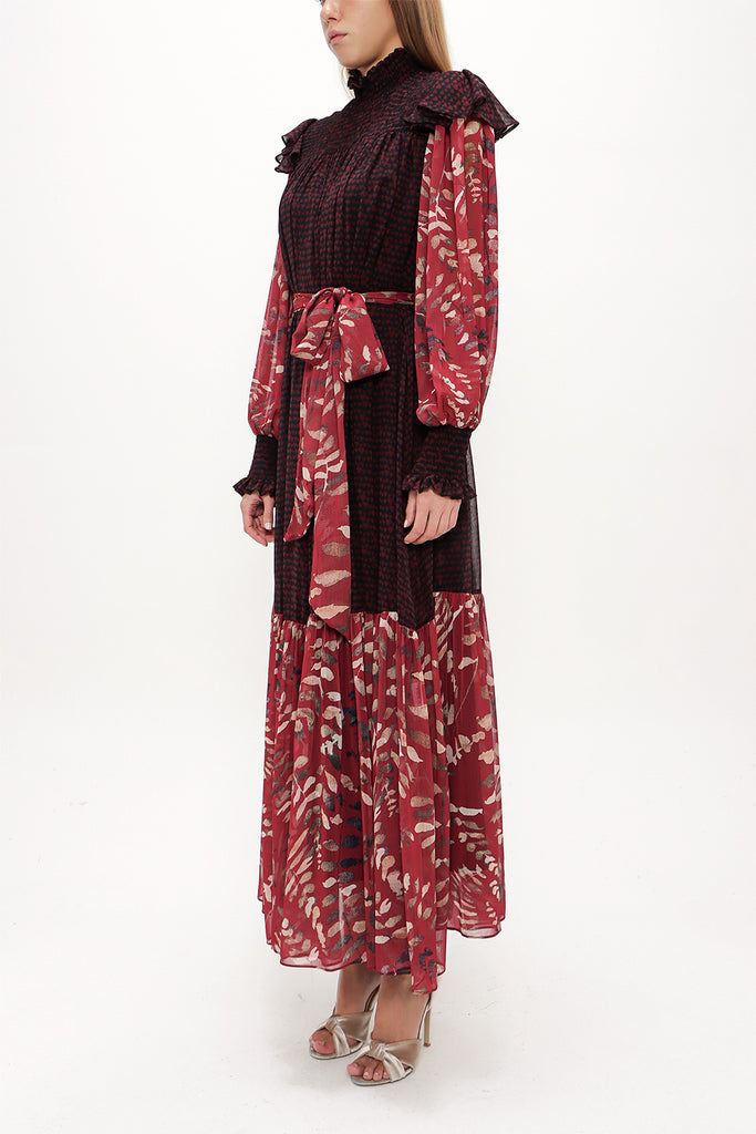 Red Elastic yarn wide cut Pleated dress 93738