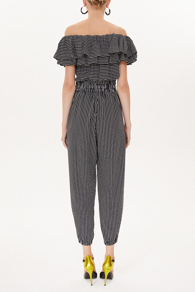 Black White Striped Ruffled Top Elastic Waist Jumpsuit 10108