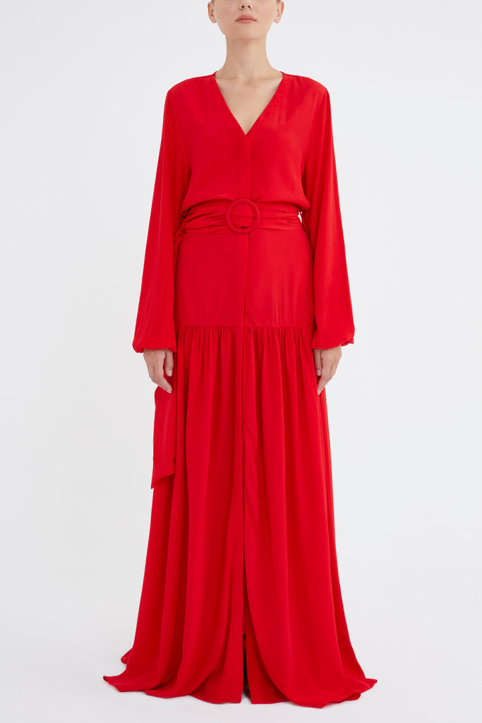 V Yaka Uzun Kemerli Uzun Elbise 92886