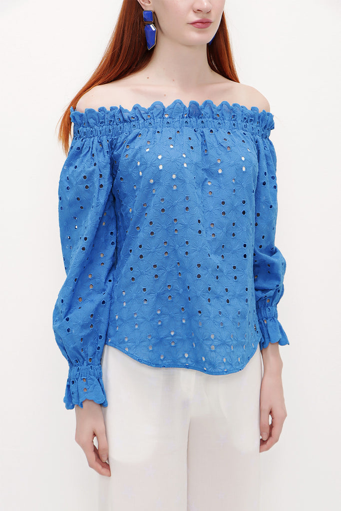 Blue Off shoulder  brode  blouse  19745