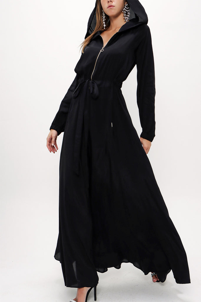 Black Zipped hooded maxi  dress 93741