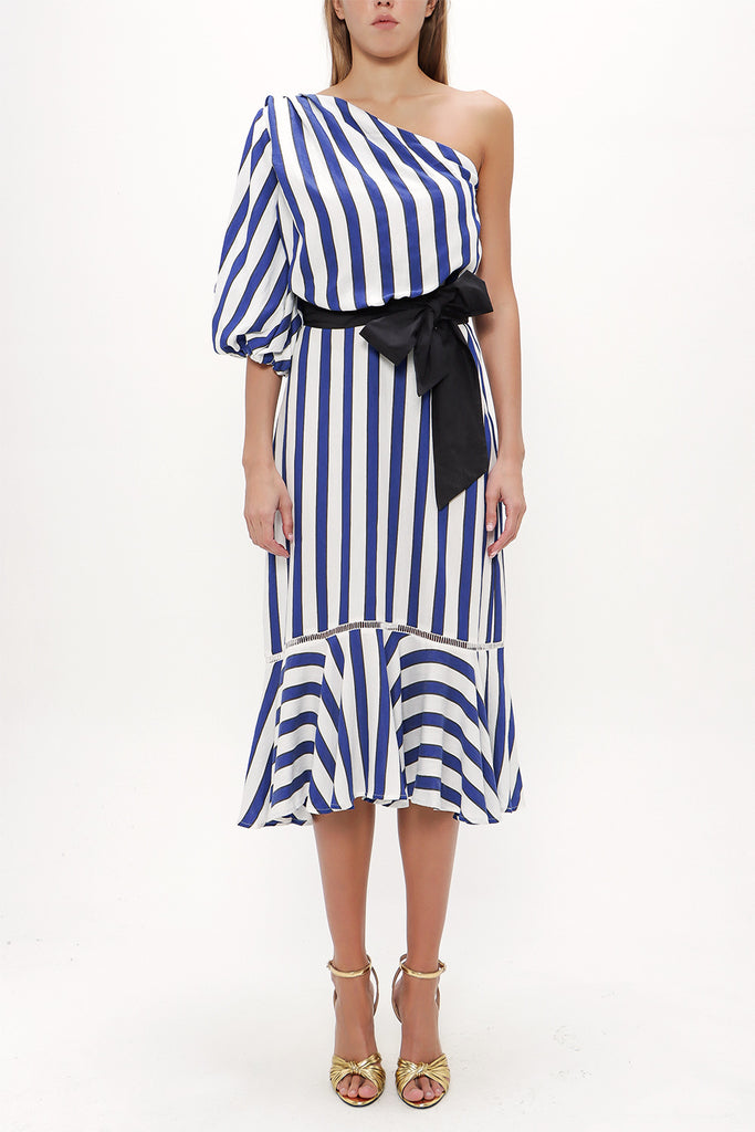 Navy Blue One shoulder godet midi dress 92802