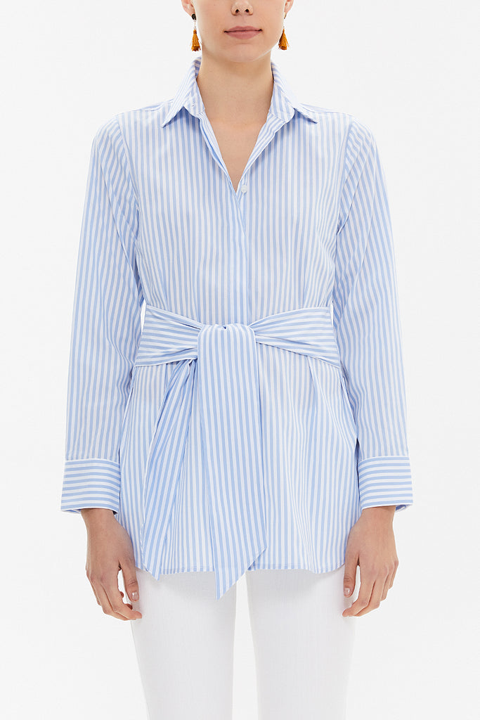 Striped Lacu up wide cut poplin shirt 10723