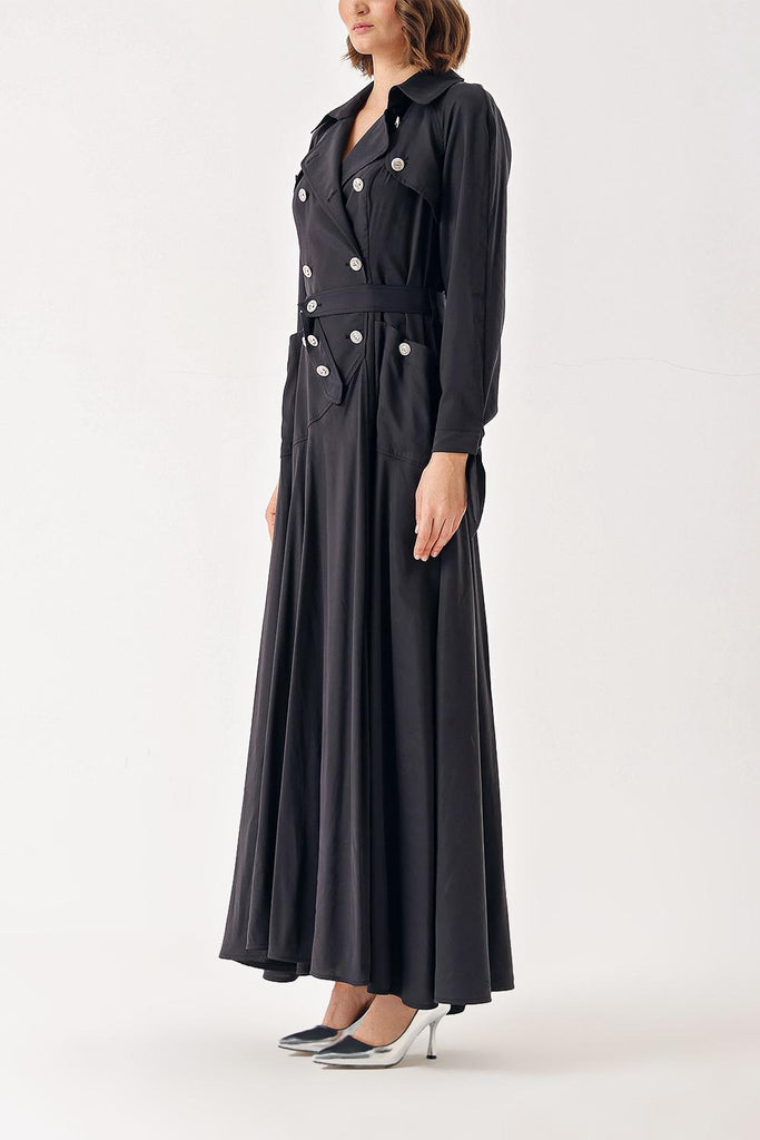 Black Long trench dress with crystal button detail 94400