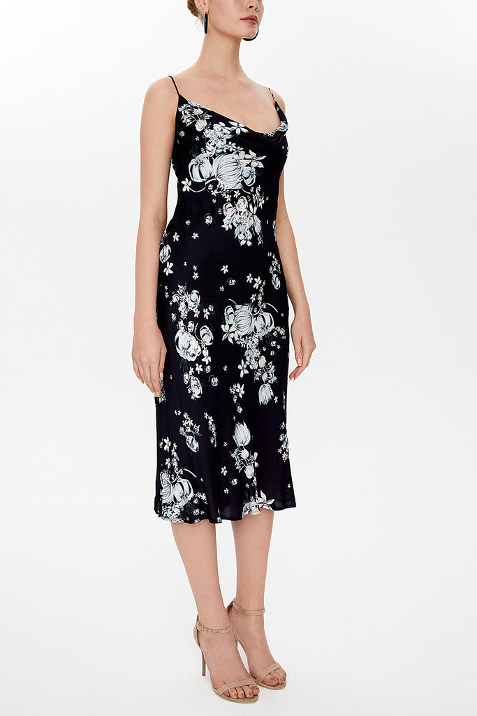 Patterned Degage collar spaghetti straps midi dress 92844