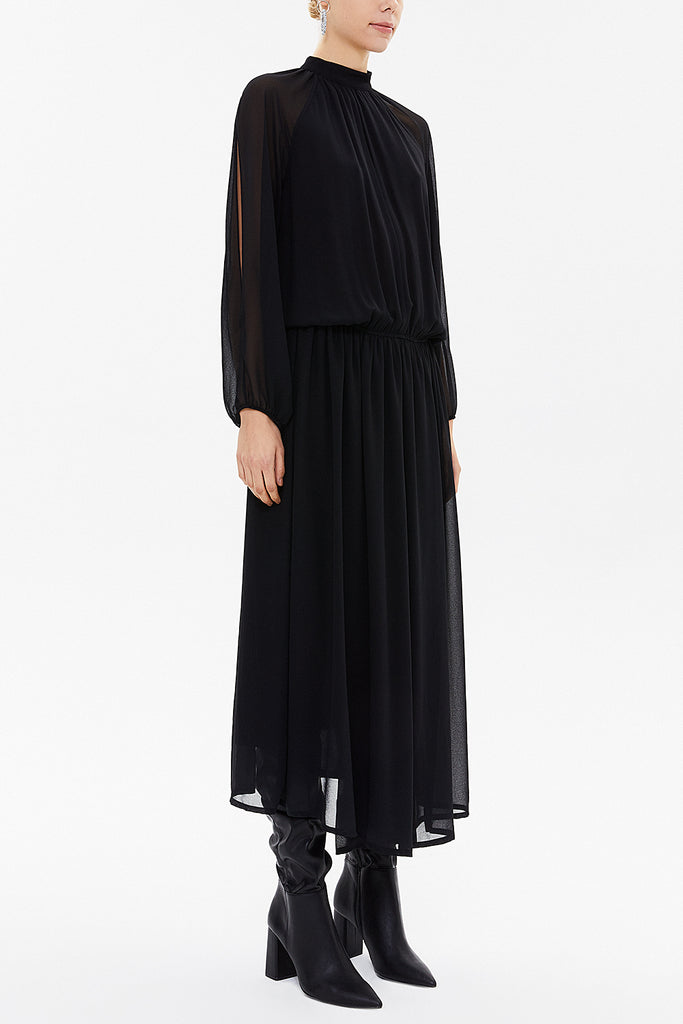 Black Turtle neck Pleated chiffon midi dress 92213