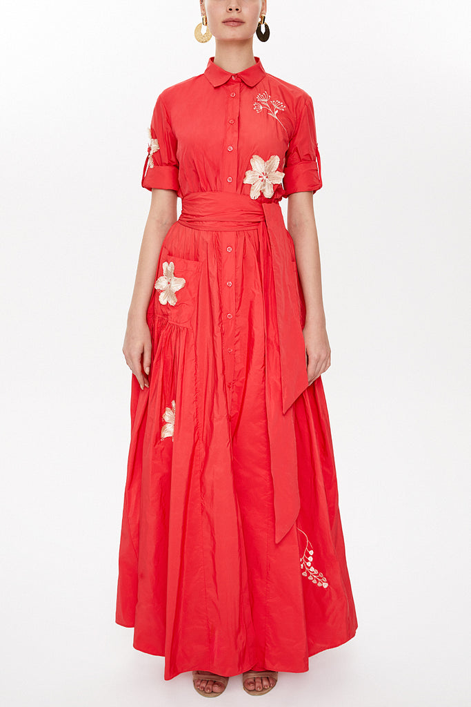 Red Embroidered, lace-up Pleated maxi dress 92917