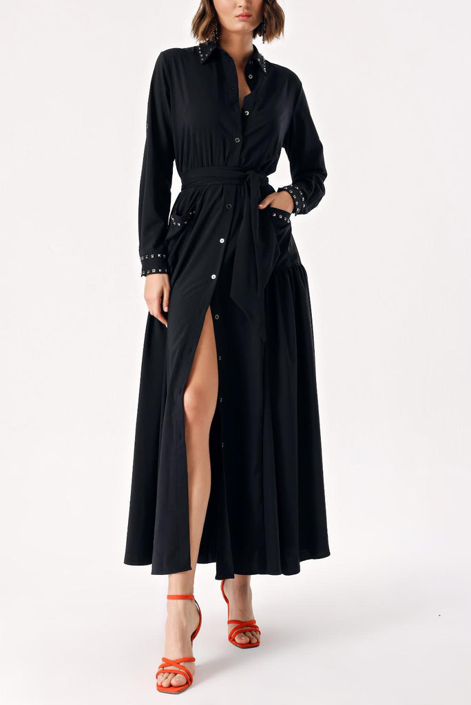 Black Long ruffled shirt dress with metal accessory detail 94114