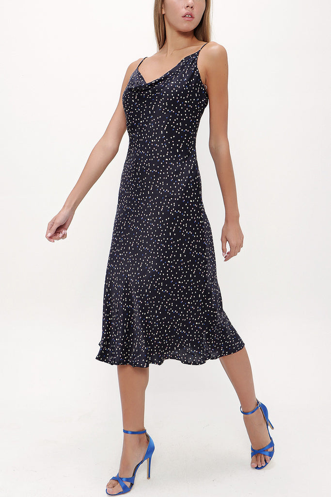 Navy Blue Degage collar spaghetti straps midi dress 92844