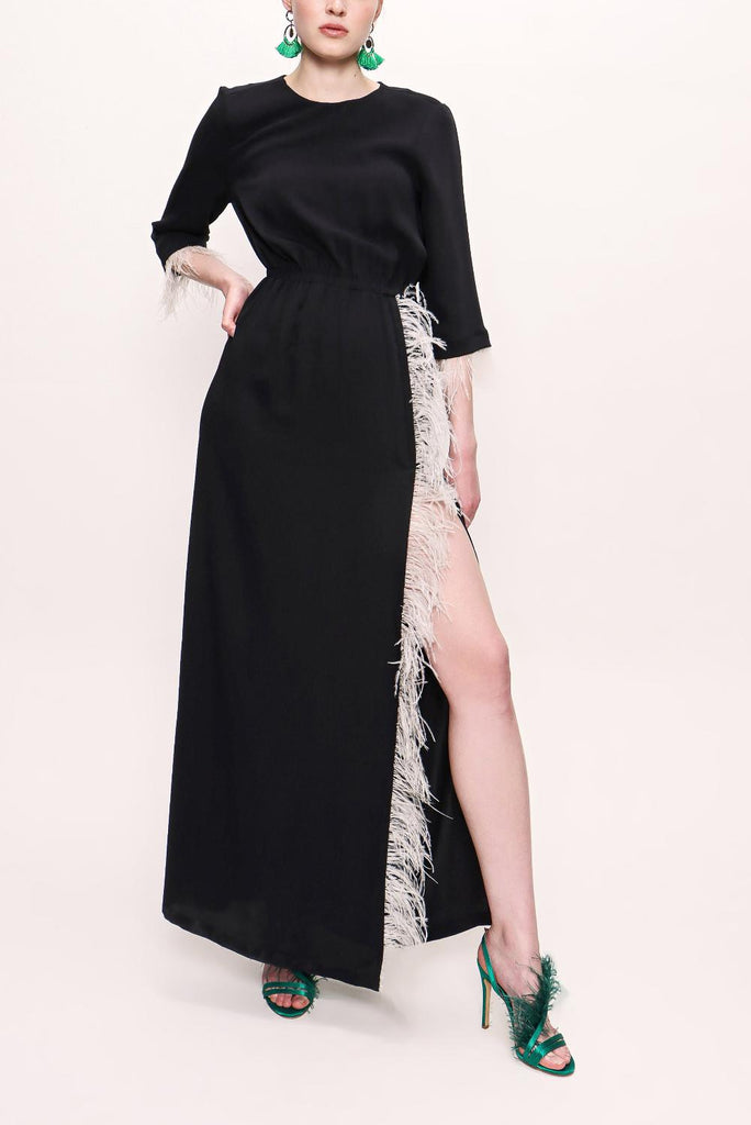 Black Slit and feather detailed long dress 92575