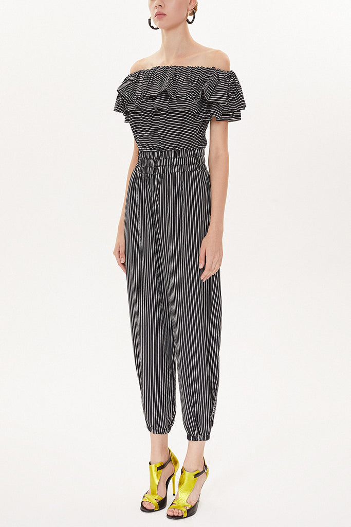 Black White Striped Ruffled Top Elastic Waist Jumpsuit 10108