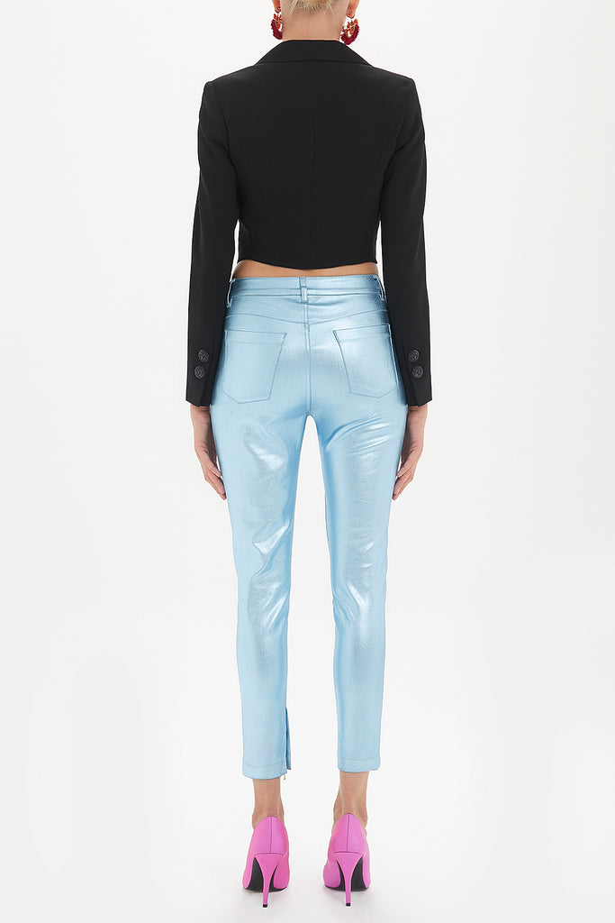 Turquoise Shiny fabric Slim fit  pocket pants 41310