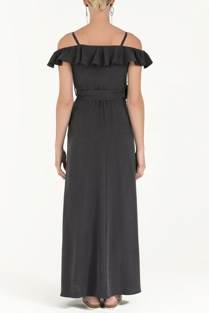 Valon Düşük Omuz Elbise Füme 92318