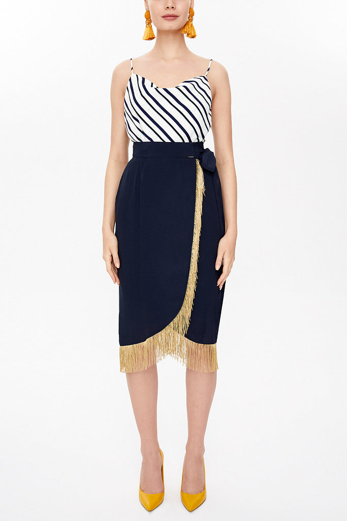 Navy Blue Wrap-over tassel skirt  81071